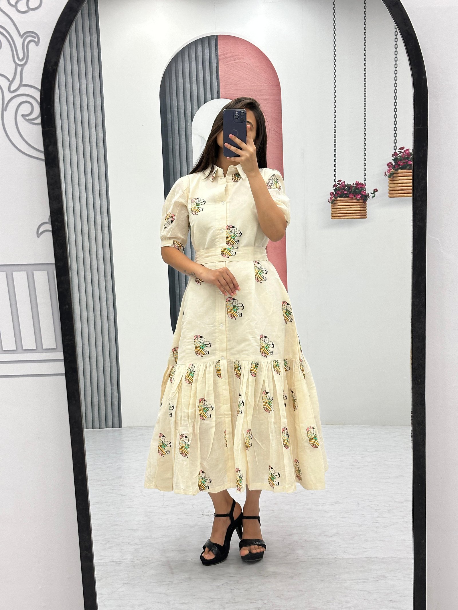 Cream Cotton Dress with Colorful Elephant Print – Casual & Boho Chic Style